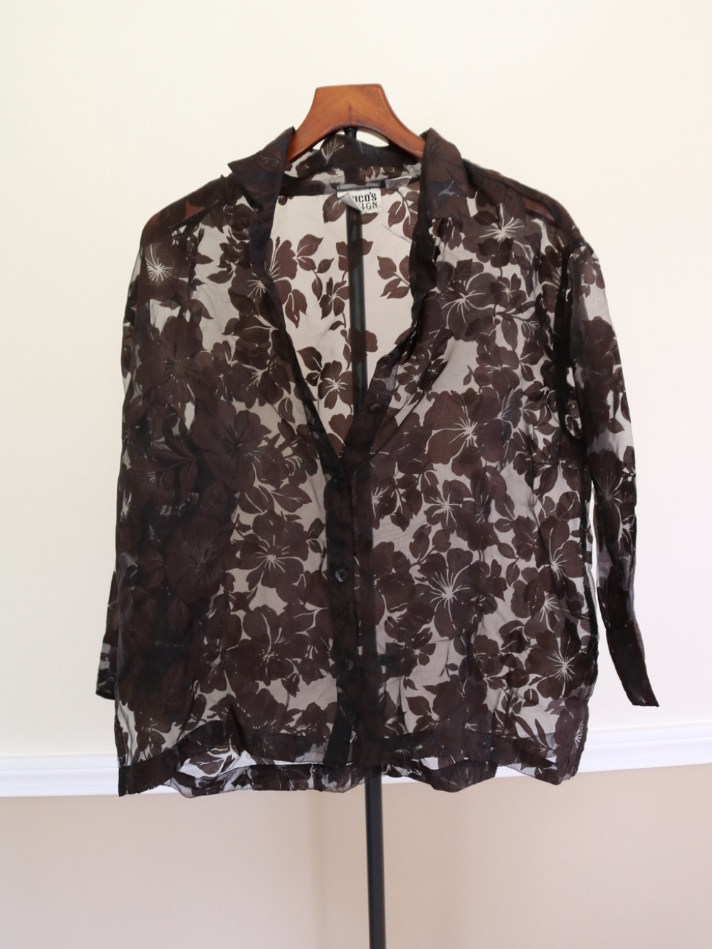 Chico's Brown and Cream Floral Blouse Sheer Vintage Layering Top
